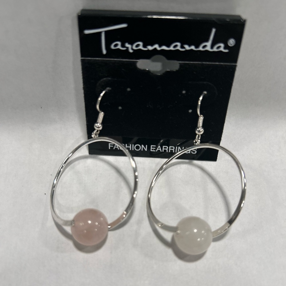 Taramanda Silver Hoop Earrings with Pink and White Beads
